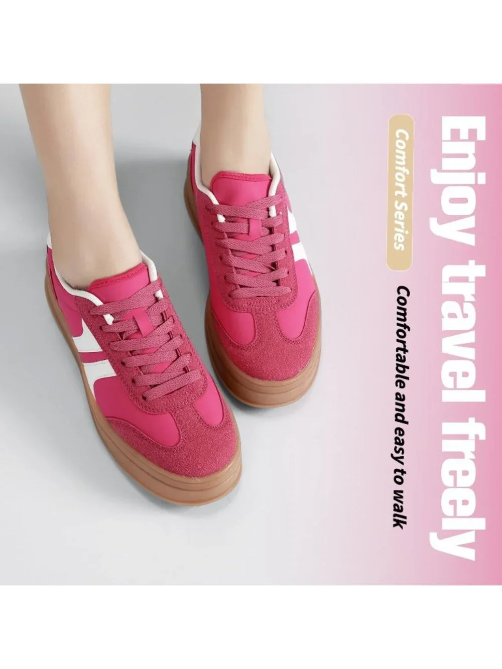 🆕Women's Hot Pink Gum Sole Fashion Sneakers Thick Platform Sole Rubber Shoes